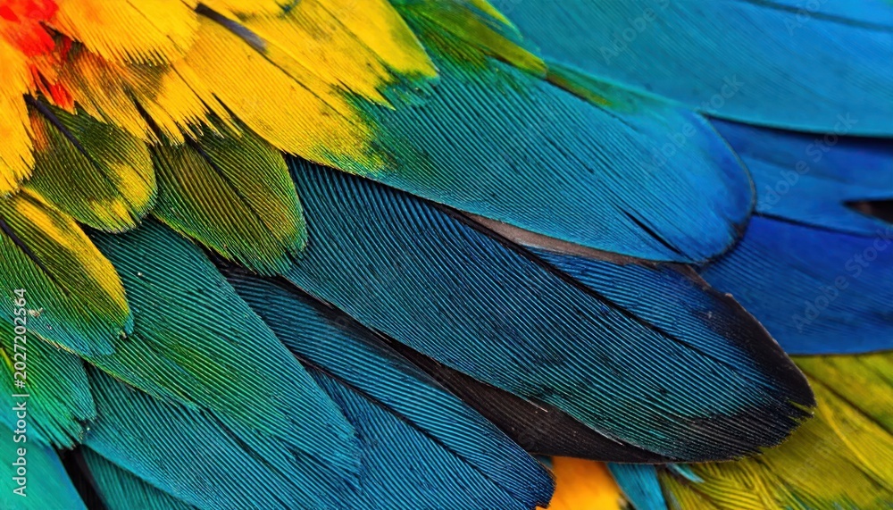 Obraz premium Vibrant Macaw Feathers Overlapping in Colorful Bird Plumage Close Up