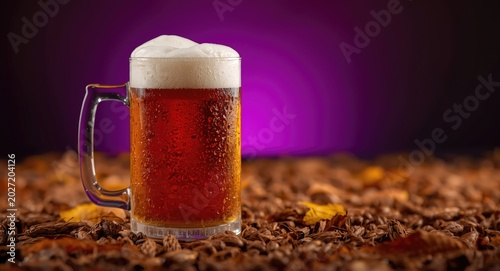 A craft beer mug filled with wheat ale in an autumn setting with purple backlighting