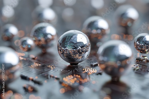 Metallic spheres on circuit board with glowing lights