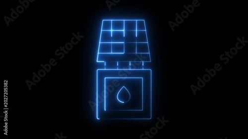 Glowing neon animation of a solar panel integrated with a water drop symbol on a black background, renewable energy, sustainability, or water power