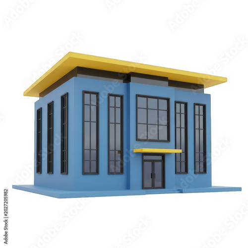Modern blue building with yellow roof illustration isolated on transparent background