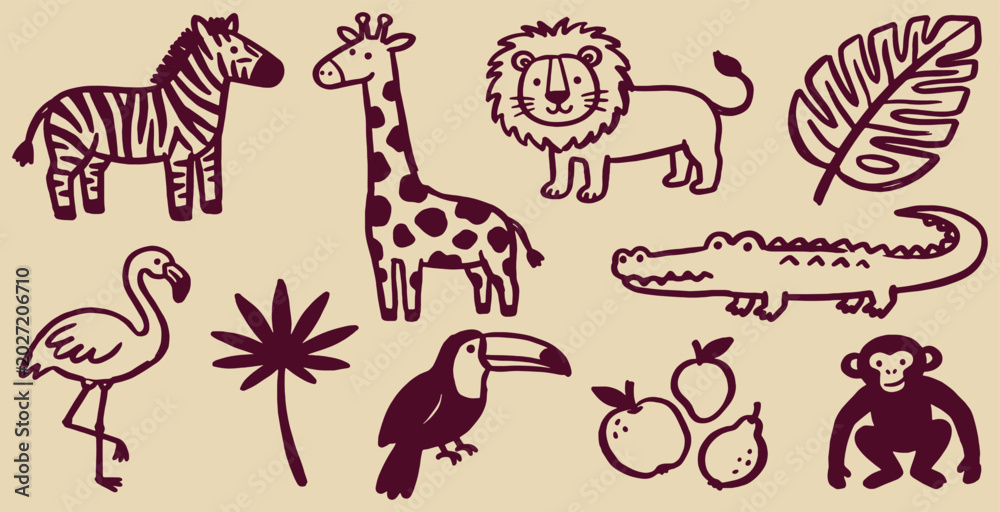 Fototapeta premium Hand drawn vector illustration of different tropical animals and plants.