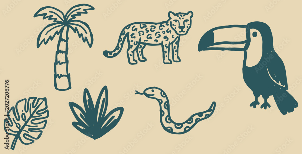 Obraz premium Hand-drawn vector illustration of jungle animals and plants on a beige background, perfect for children's designs.