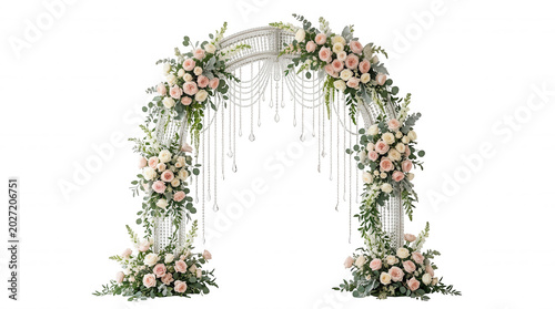 Wedding arch with crystal bead curtain and blush rose floral arrangement, elegant ceremony decor for romantic celebration