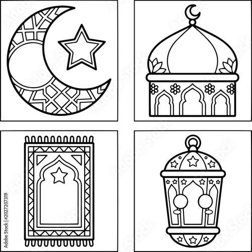 Canvas Print Islamic symbols featuring crescent moon star mosque book and lantern design elem