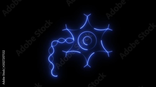 Glowing blue neon neuron cell transmission animation with a pulsating light effect, neurology research, biological connection, or medical science