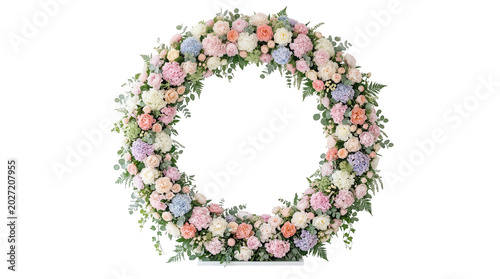 Circular wedding floral arch with pastel blossom, green leaf, and elegant decorative arrangement on isolated background