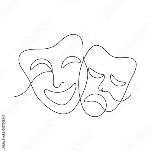 Theatrical mask: masks from comedies and tragedies, symbolizing drama and theatrical education. Drawing with one continuous line on a white background. Editable line.