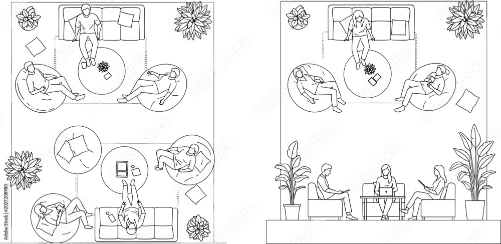 Obraz premium Architectural Floor Plan and Front Elevation Vector Set featuring Hand Drawn People Sitting on Sofas and Beanbags in Modern Office Lounge Design