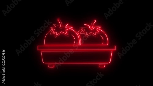 Red glowing neon tomatoes in a container tray animation on a black background, fresh produce market, organic farming, or vegan food business