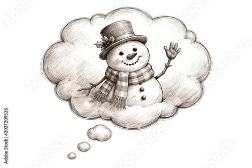 Sketch style thought bubble featuring a smiling snowman character