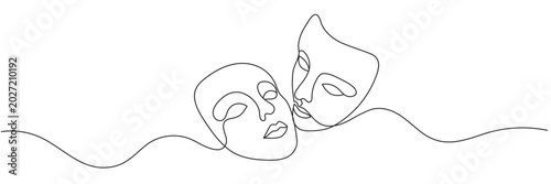 Theatrical mask: masks from comedies and tragedies, symbolizing drama and theatrical education. Drawing with one continuous line on a white background. Editable line