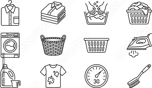 Cuadro en lienzo Laundry and Garment Care Line Icon Set Featuring Washing Machine Basket Detergen