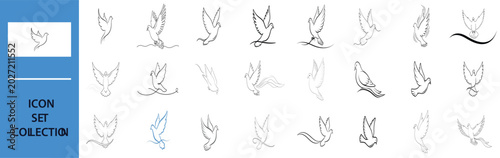 Slika na platnu Minimalist line art collection of twelve stylized bird silhouettes in various dynamic poses arranged on a neutral grid background
