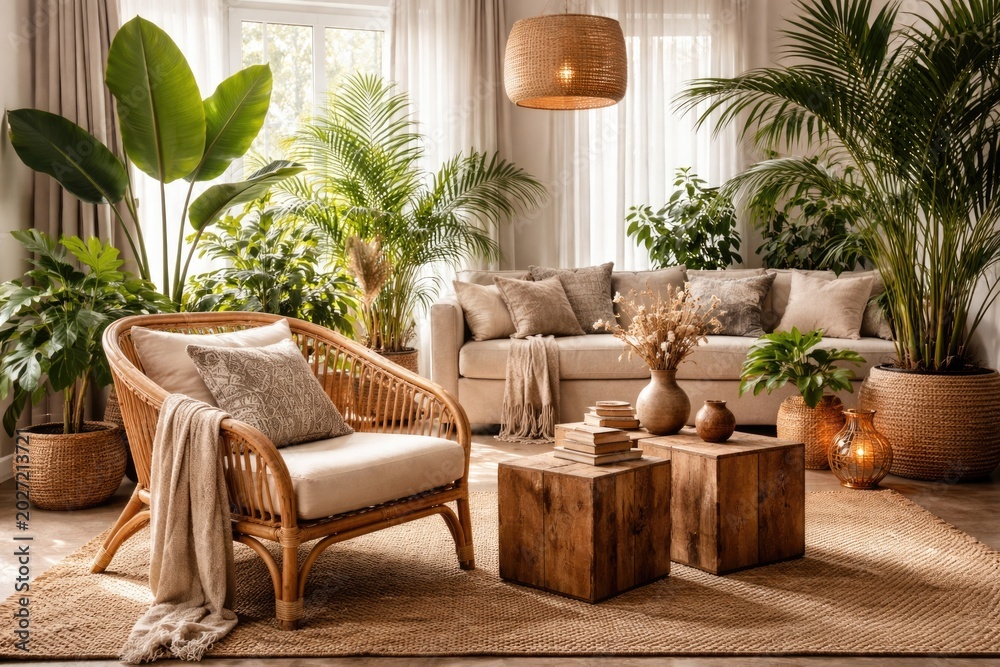 Fototapeta premium Stylish living room design highlighting tropical plants, rattan armchair, and decorative wooden cubes