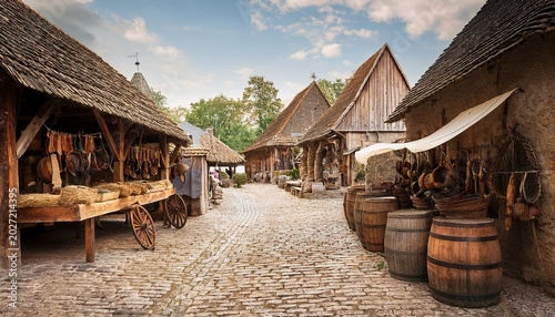 a medieval village market with stalls and rustic goods