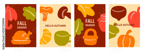 Set of colorful autumn cards with fall season and hello autumn text, featuring leaves, pumpkin, turkey, teapot, and cozy harvest icons