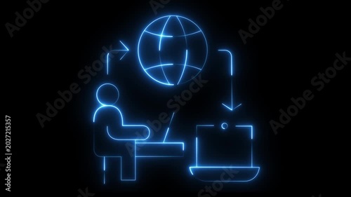Glowing blue neon animation of a person using a laptop connected to a globe on black background, global communication, networking, or remote work