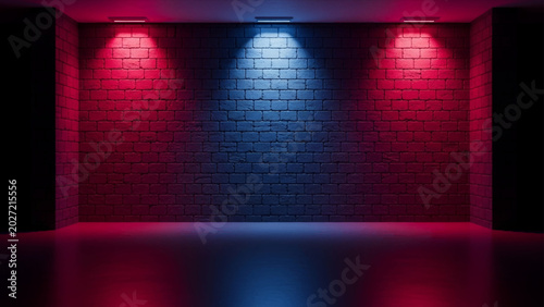 Tableau sur toile Empty room with a textured brick wall illuminated by alternating red and blue sp