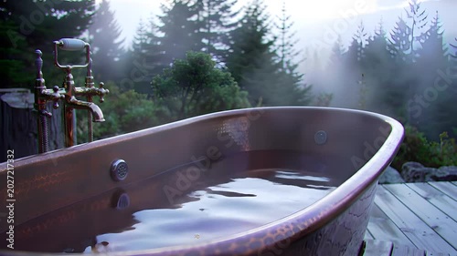 Copper bathtub on a wooden deck in a misty forest.