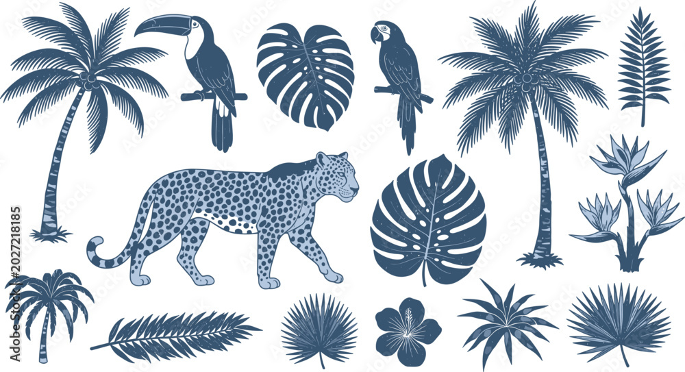 Fototapeta premium Tropical Jungle Wildlife Vector Icon Set with Leopard, Toucan, Parrot, Palm Trees, and Exotic Monstera Leaves for Nature Designs