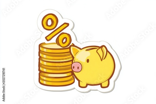 Piggy bank with gold coins and percentage symbol