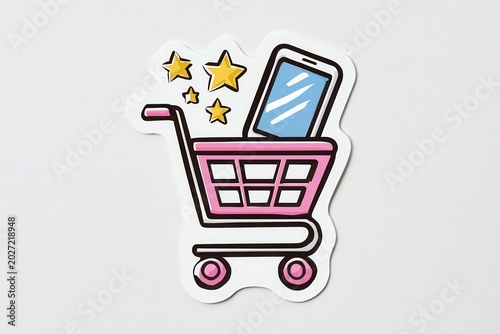 Shopping cart with smartphone and stars on white background