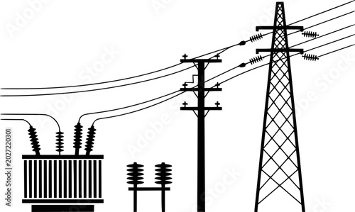 Bild auf Leinwand Black silhouette of electrical transformer, utility pole, and transmission tower