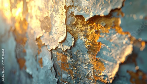 Weathered Peeling Paint Texture Glowing in Warm Sunlight on Aged Metal Surface