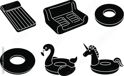 Pool float silhouette vector set with inflatable unicorn, swan, ring and mattress icons