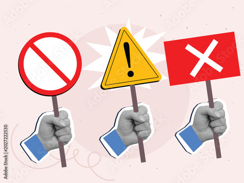 Hands holding protest banners - concept of a demonstration or picket. Modern photo collage style. Vector illustration