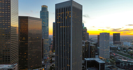 Los Angeles skyline skyscrapers modern cityscape. Los Angeles downtown skyline financial district. Los Angeles towers architecture panorama view. Los Angeles aerial drone skyline.