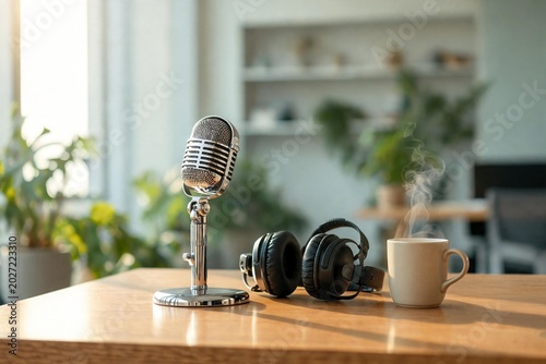 Micrófono clásico vintage cromado de estilo retro dispuesto sobre una mesa de madera junto a unos auriculares de diadema negros y una taza de café blanca humeante. La escena está iluminada por una sua
