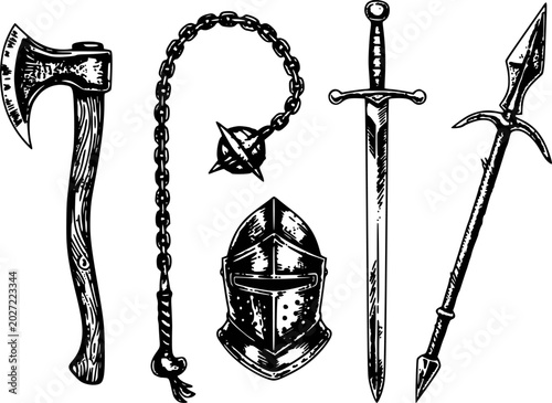 Billede på lærred Medieval and armor collection: axe, flail, helmet, sword, spear mace chain