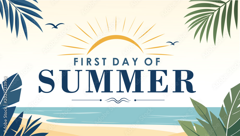 Obraz premium First Day of Summer Banner with Tropical Beach and Rising Sun