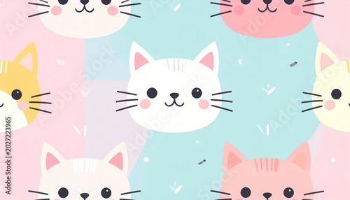 Cute Cartoon Cat Faces Pattern on Pastel Color Background