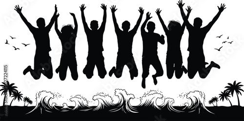 Vector silhouette of cheering crowd with raised arms, concert audience and celebration banner