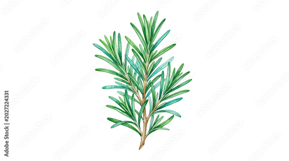 Fototapeta premium Rosemary Sprig with Green Needles, Watercolor Illustration, Isolated on Transparent Background