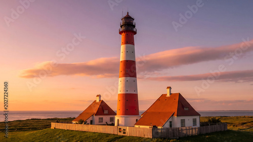 Cuadro en lienzo Red and white striped lighthouse at sunset with coastal houses