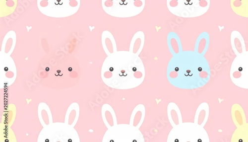 Cute Pastel Bunny Faces Arranged on Pink Seamless Pattern Background