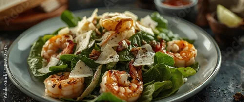 Obraz  z motywem Grilled Shrimp Caesar Salad with Shaved Parmesan Close-Up, Fresh Ingredients, Vibrant Colors