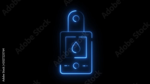 Glowing neon glucometer animation with a blood drop symbol on a black background, diabetes monitoring, health testing, medical analysis, or diagnostics