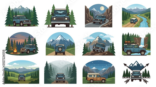 Schilderij op canvas Vintage Offroad Vehicles in Scenic Mountain Landscapes.