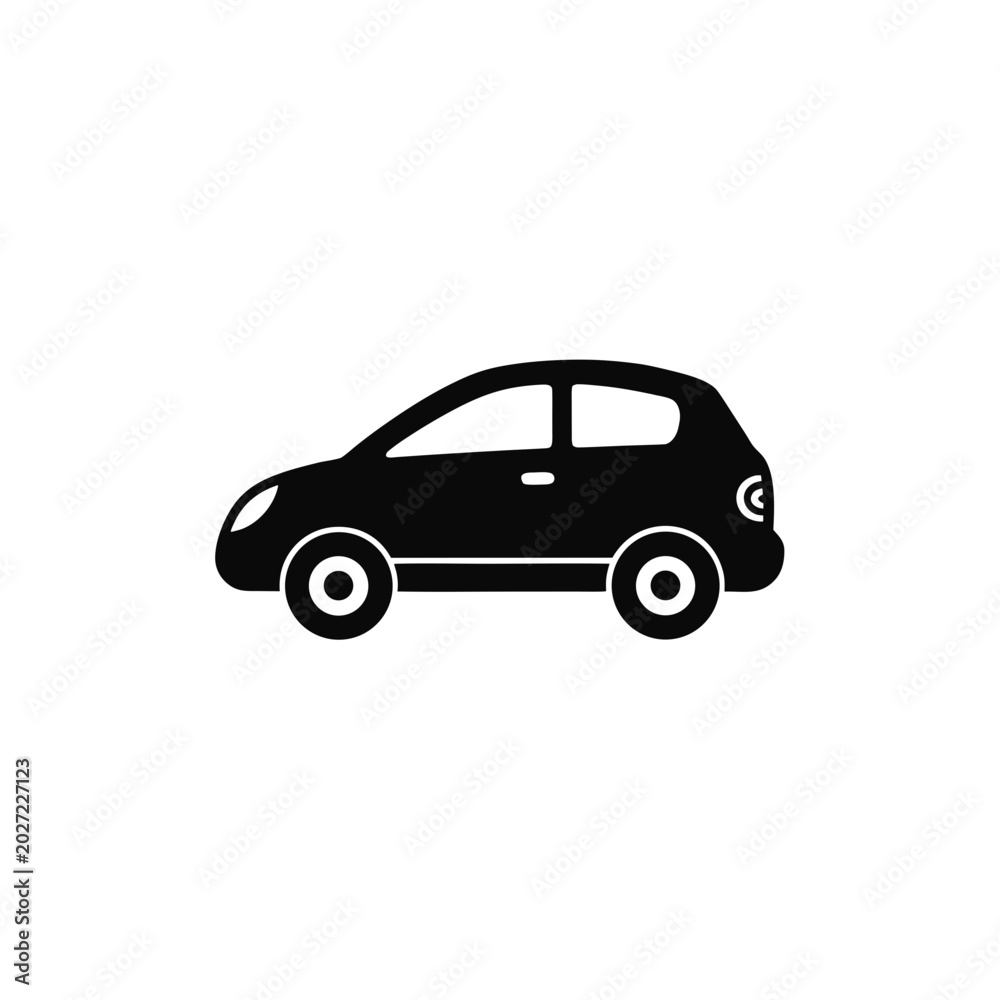 Fototapeta premium Simple black and white line drawing of a small hatchback car.