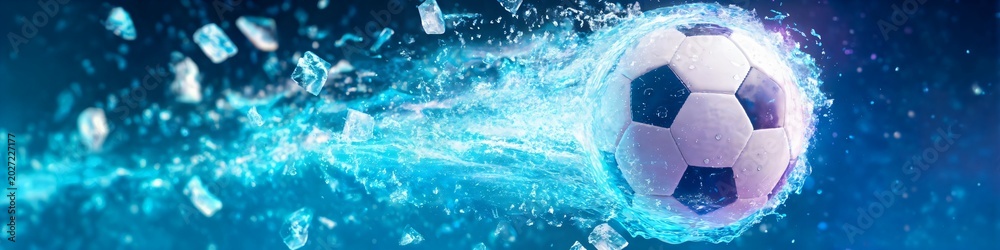 Naklejka premium Soccer ball spins through icy blue water