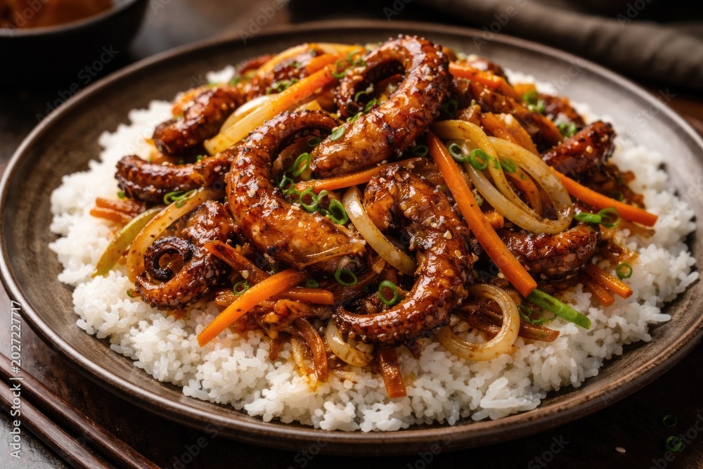 Fototapeta premium Savory stir-fried octopus with julienned carrots and onions plated on rice