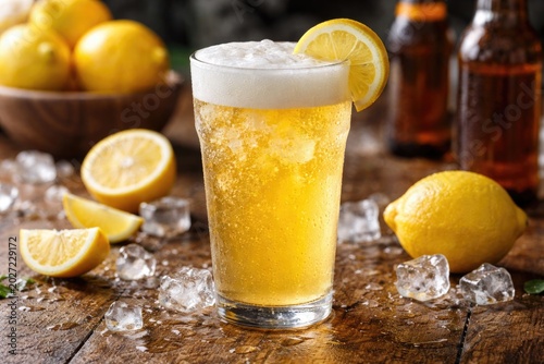 Icy cold lemon flavored beer shandy alcoholic beverage served