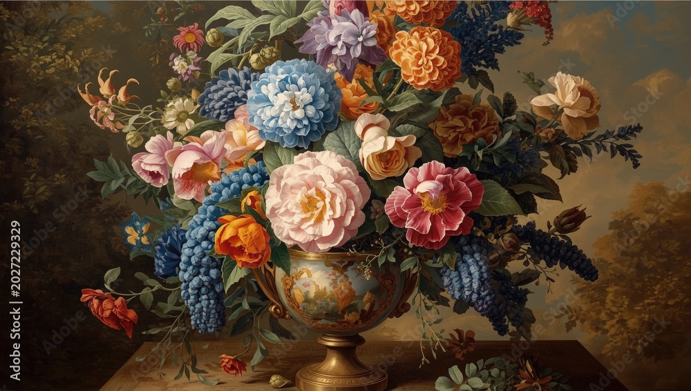 Fototapeta premium A bright and detailed floral painting featuring varied blooms in a classic flower vase