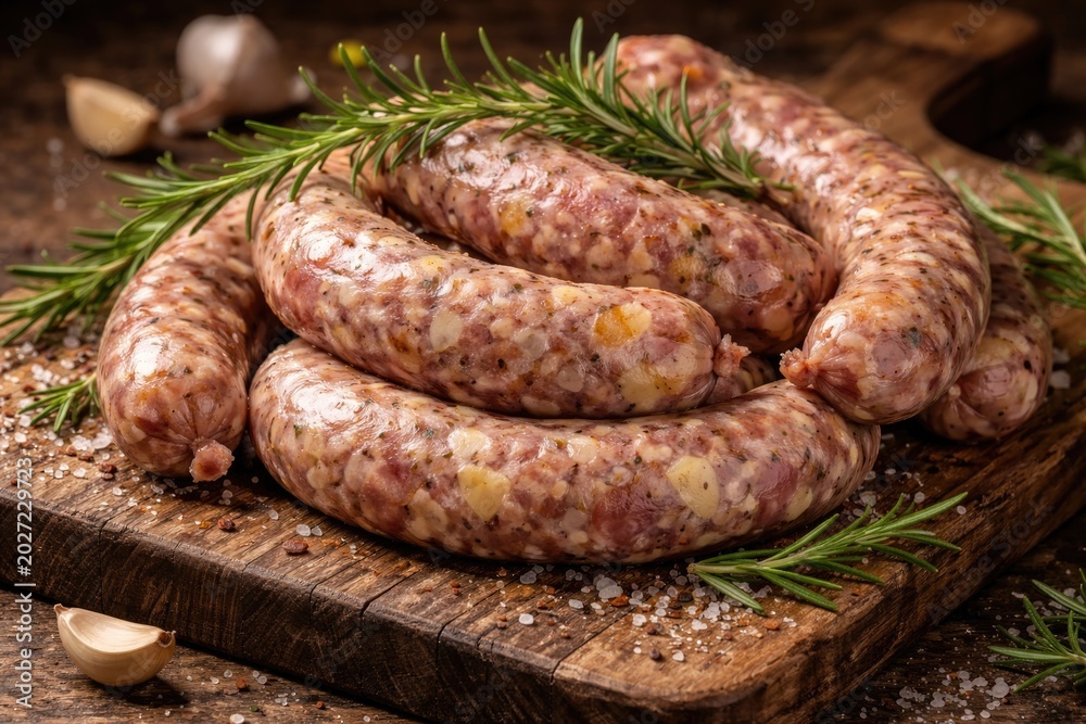Fototapeta premium Seasoned pork and potato sausage links on a rustic wooden cutting board with fresh rosemary