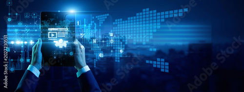 Photos Content editor hands hold glass tablet Content Management system dashboard